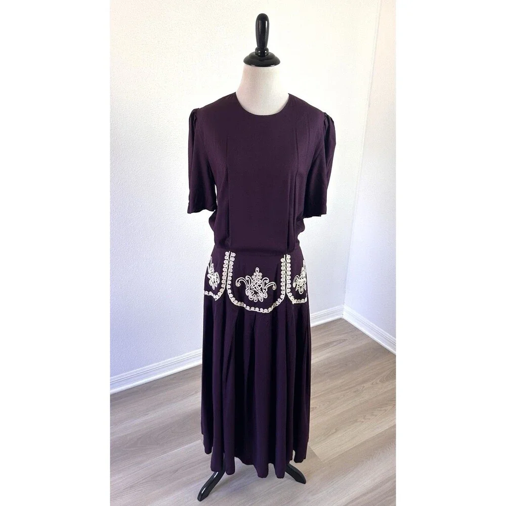 Vintage 80s Plaza South Purple Cottage core Prairie Dress White Lace Detail 10